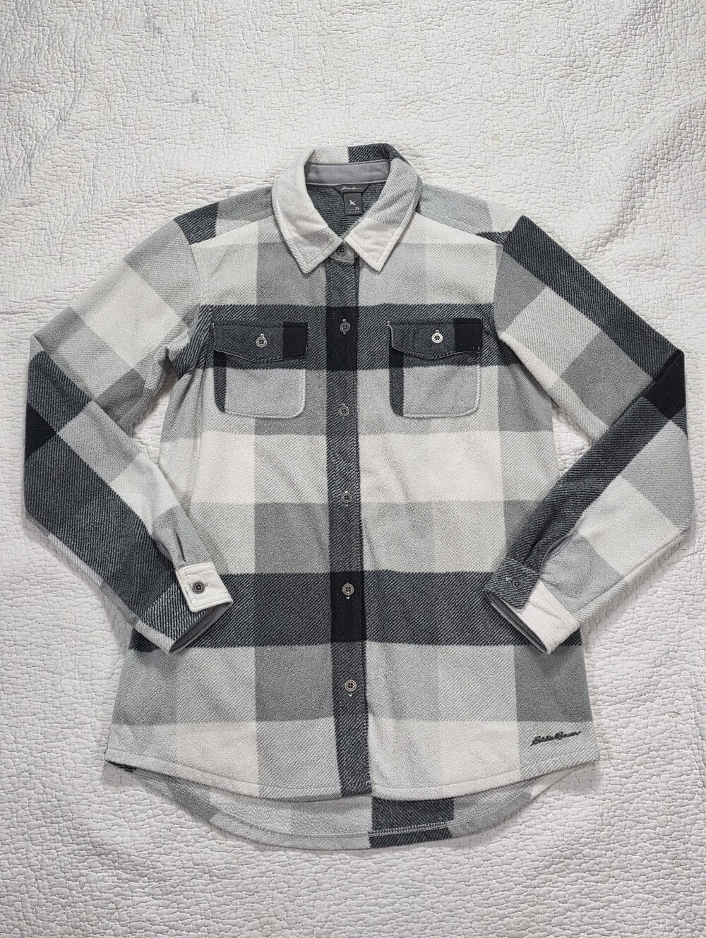 Eddie Bauer Black and White Plaid Fleece Button Down Shirt-Jacket